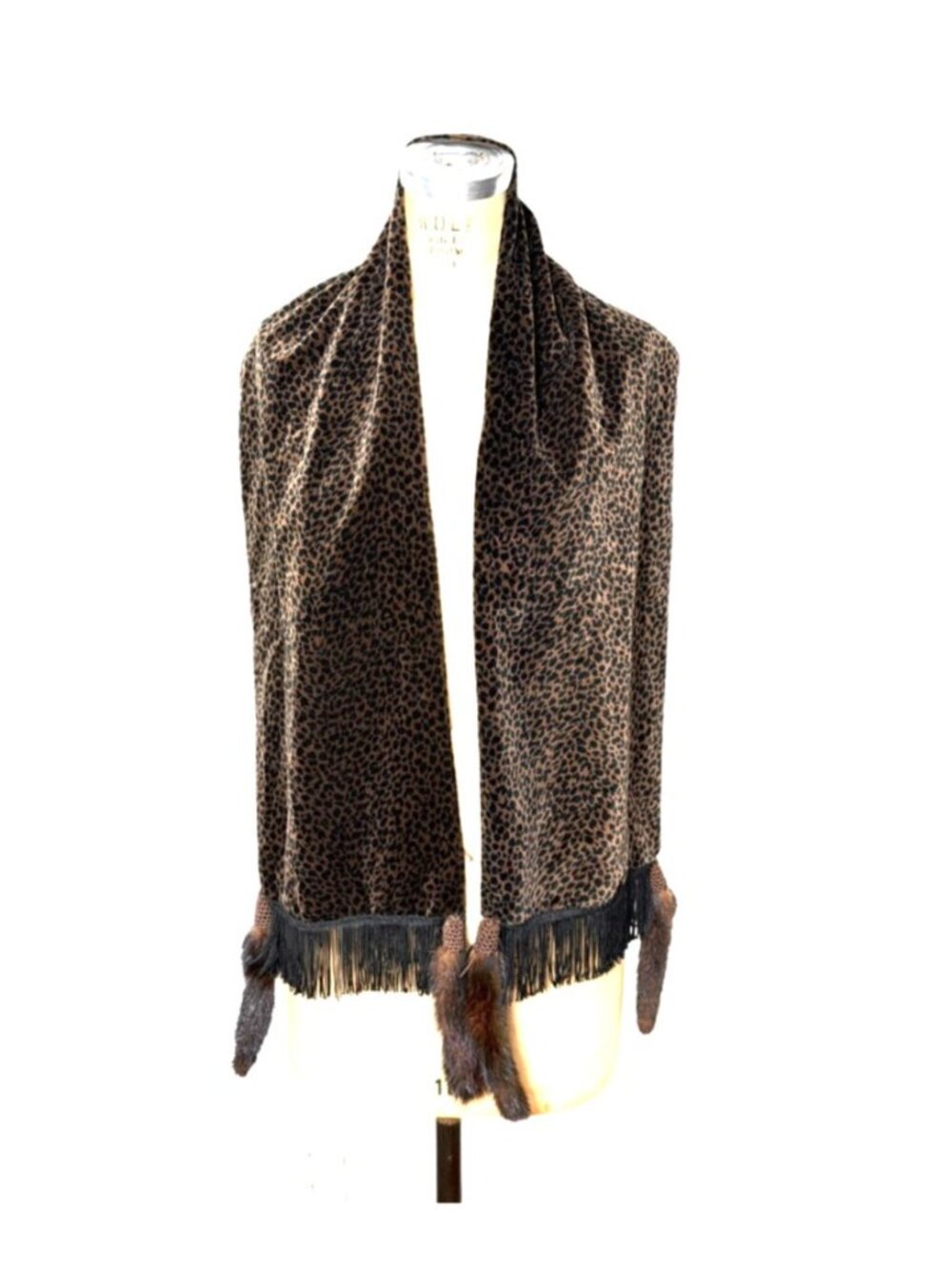 Vintage 1980s leopard print velvet stole wrap with fringe and mink tails - Picture 2 of 7